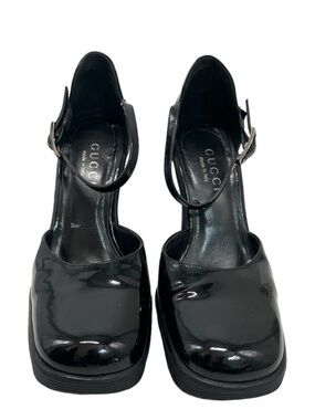 Gucci Black Patent Leather Square-Toe Ankle-Strap Heels